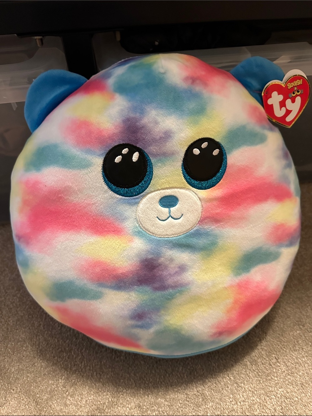 Ty Multicolor Tie-Dye Bear Pillow with Blue Ears
